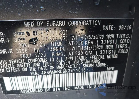 2019 Subaru Ascent Touring z USA, uszkodzony, nr VIN 4S4WMARD6K3421616